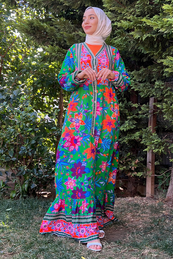 Yaka Detaylı Düğmeli Elbise - Yeşil