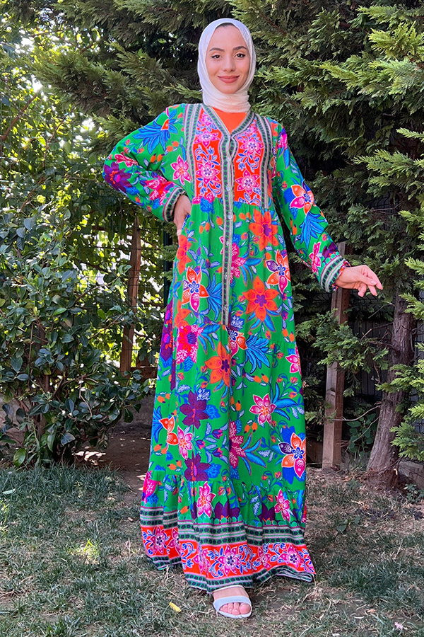 Yaka Detaylı Düğmeli Elbise - Yeşil