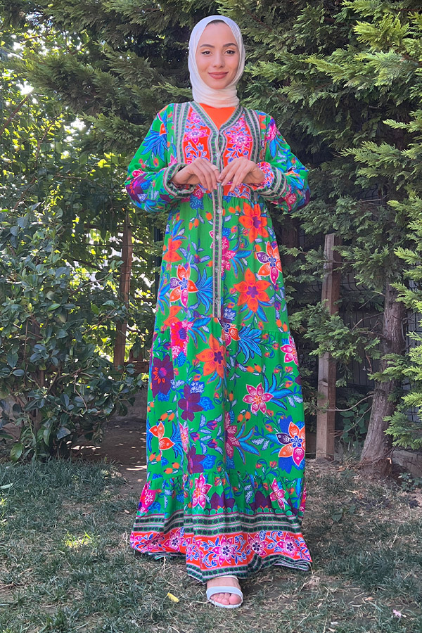 Yaka Detaylı Düğmeli Elbise - Yeşil