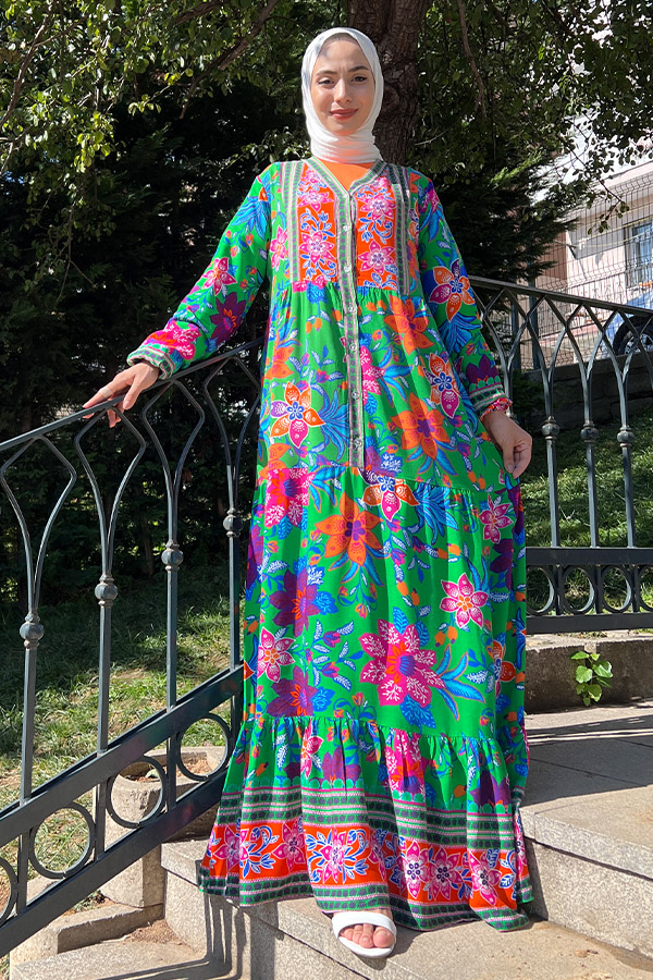 Yaka Detaylı Düğmeli Elbise - Yeşil