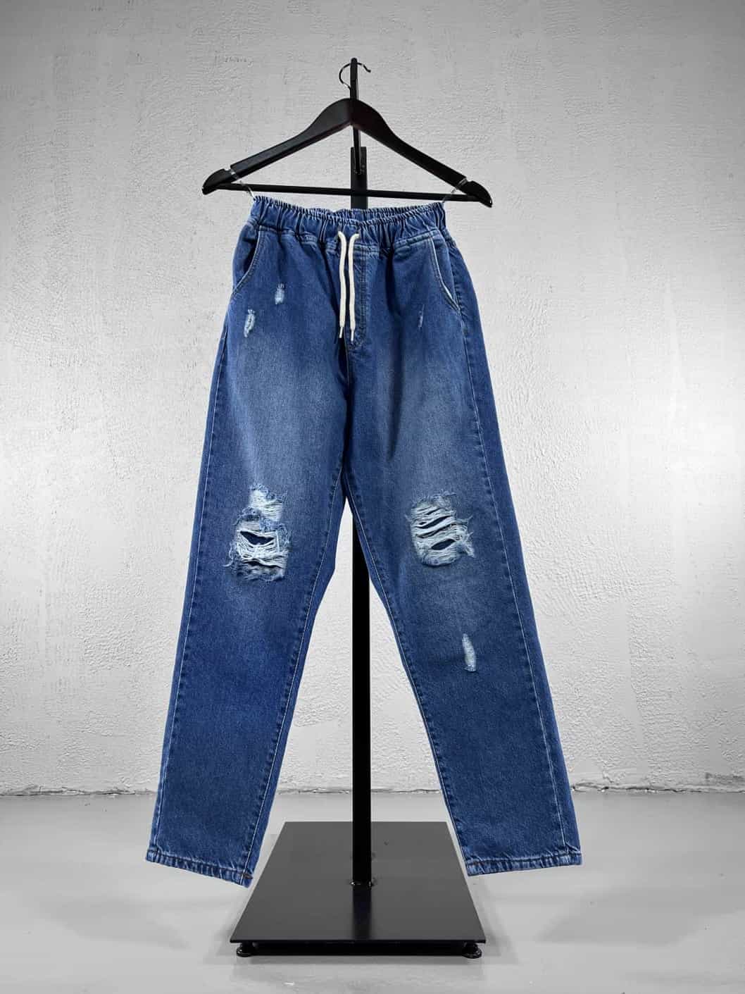 Yamalı Yırtıklı Boyfriend Kot Pantolon - Mavi