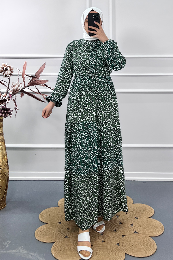 Yaprak Desen Elbise - Yeşil