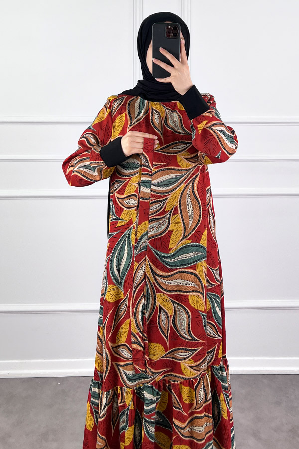 Yaprak Desen Viskon Kumaş Elbise - Bordo