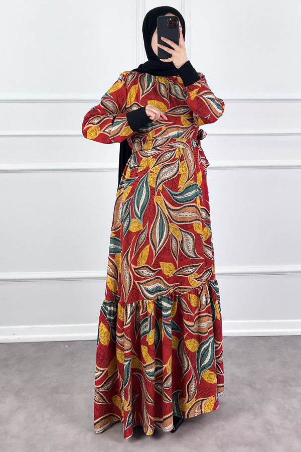 Yaprak Desen Viskon Kumaş Elbise - Bordo