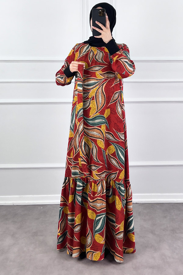 Yaprak Desen Viskon Kumaş Elbise - Bordo