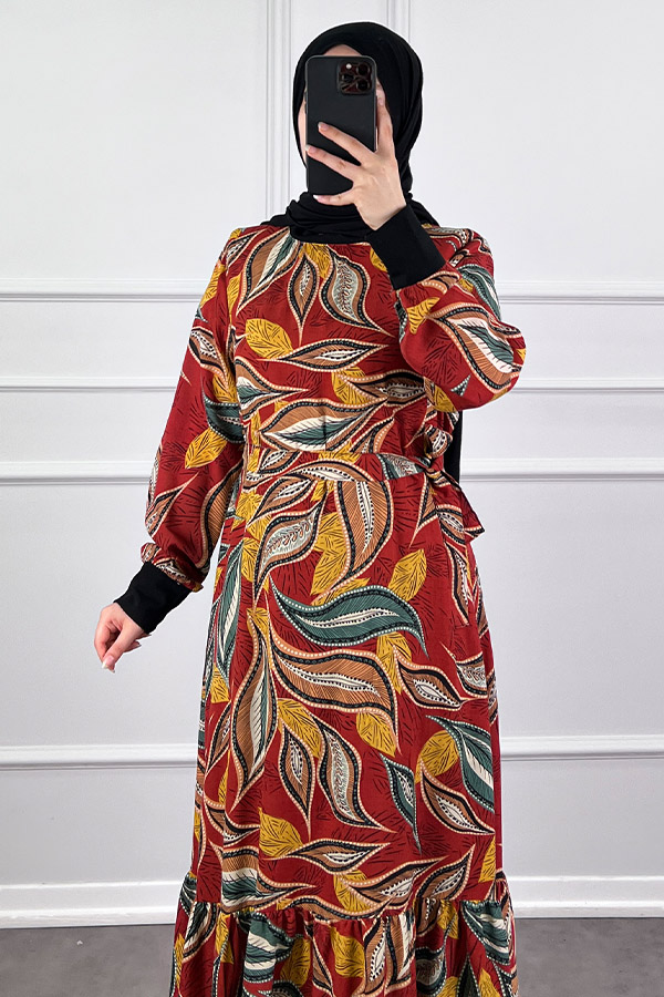 Yaprak Desen Viskon Kumaş Elbise - Bordo