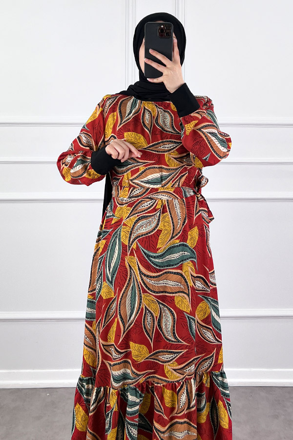 Yaprak Desen Viskon Kumaş Elbise - Bordo