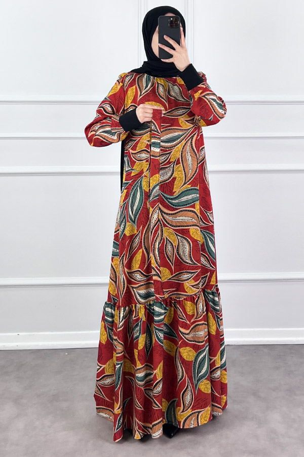 Yaprak Desen Viskon Kumaş Elbise - Bordo