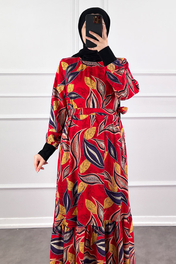 Yaprak Desen Viskon Kumaş Elbise - Kırmızı Yaprak Desen Viskon Kumaş Elbise - Kırmızı