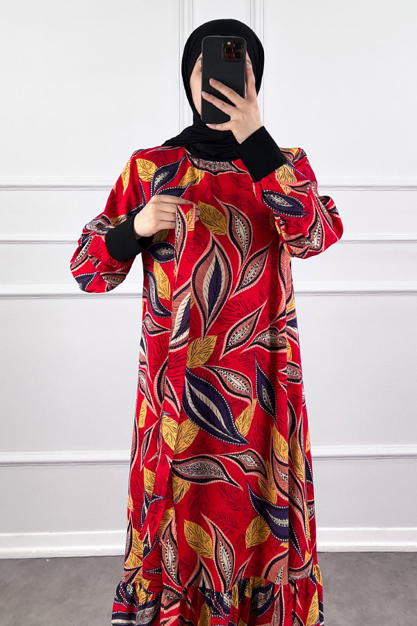Yaprak Desen Viskon Kumaş Elbise - Kırmızı Yaprak Desen Viskon Kumaş Elbise - Kırmızı