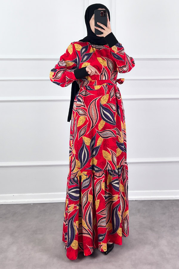 Yaprak Desen Viskon Kumaş Elbise - Kırmızı Yaprak Desen Viskon Kumaş Elbise - Kırmızı