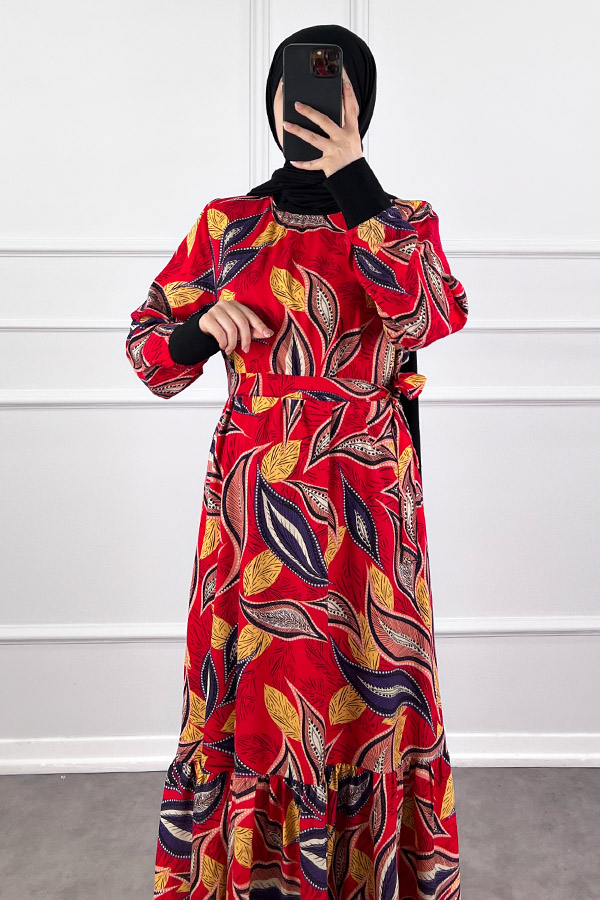 Yaprak Desen Viskon Kumaş Elbise - Kırmızı Yaprak Desen Viskon Kumaş Elbise - Kırmızı