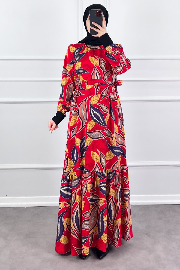 Yaprak Desen Viskon Kumaş Elbise - Kırmızı Yaprak Desen Viskon Kumaş Elbise - Kırmızı
