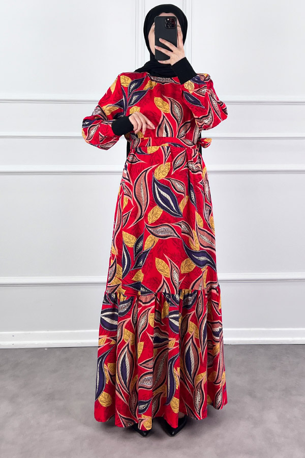 Yaprak Desen Viskon Kumaş Elbise - Kırmızı Yaprak Desen Viskon Kumaş Elbise - Kırmızı