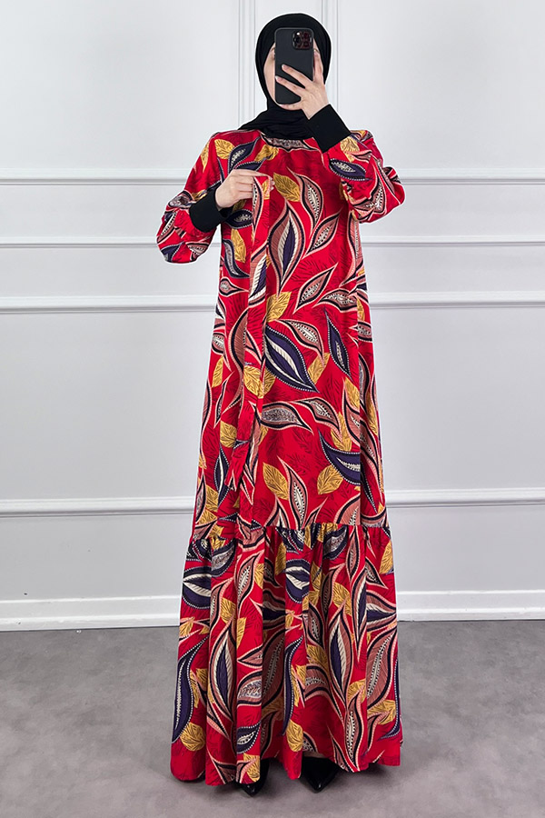Yaprak Desen Viskon Kumaş Elbise - Kırmızı Yaprak Desen Viskon Kumaş Elbise - Kırmızı