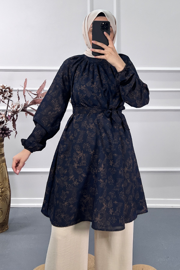 Yaprak Desenli Tunik - Kahverengi