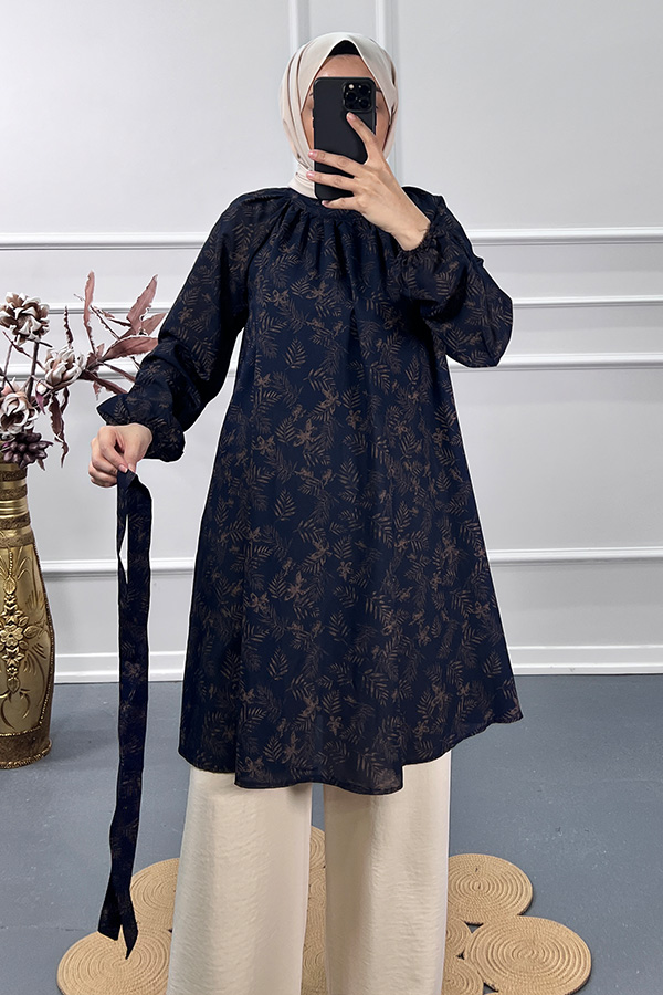 Yaprak Desenli Tunik - Kahverengi