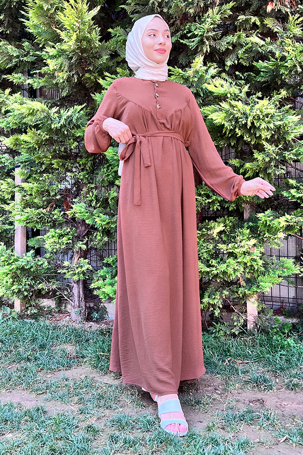 Yarım Düğmeli Elbise - Kahverengi