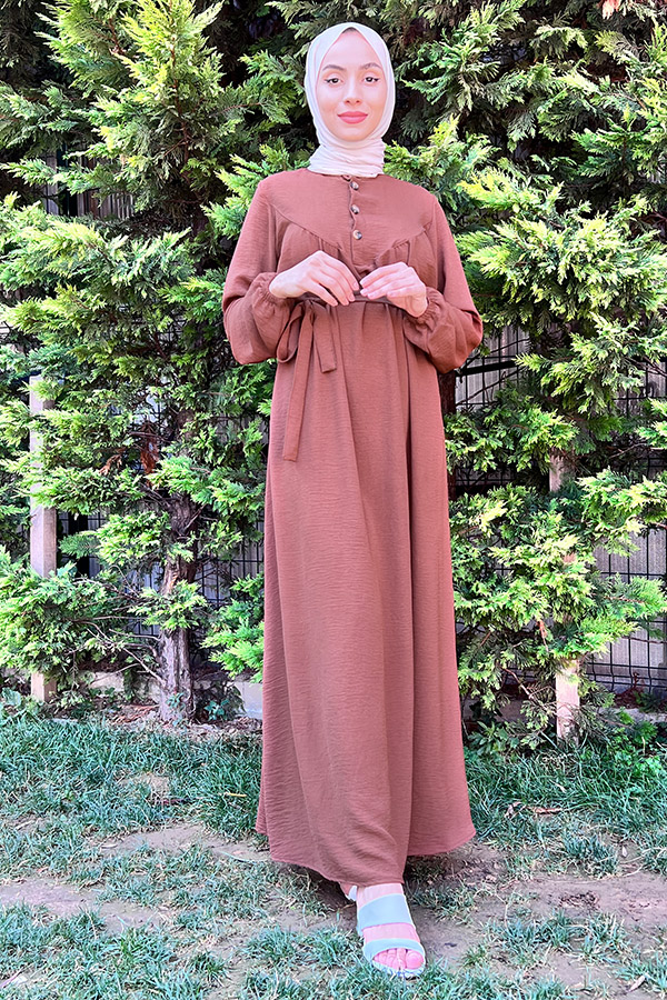 Yarım Düğmeli Elbise - Kahverengi