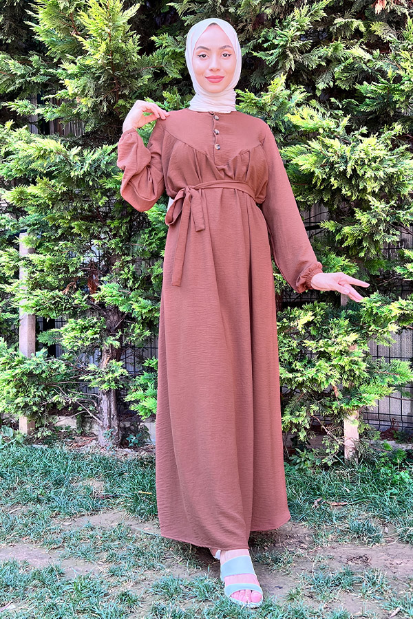 Yarım Düğmeli Elbise - Kahverengi