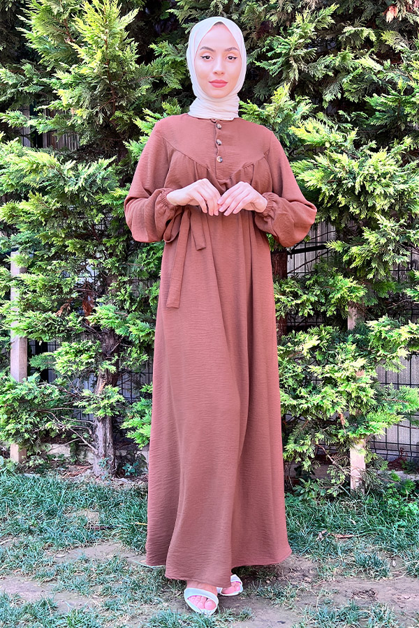 Yarım Düğmeli Elbise - Kahverengi