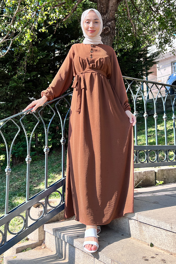 Yarım Düğmeli Elbise - Kahverengi