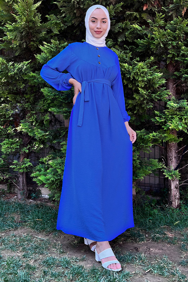Yarım Düğmeli Elbise - Mavi