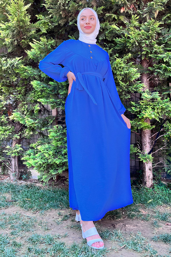 Yarım Düğmeli Elbise - Mavi
