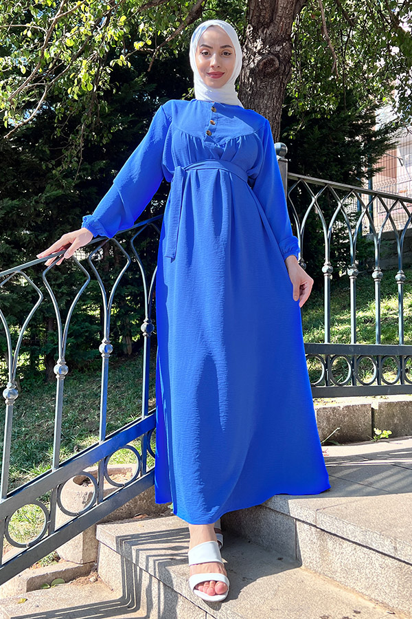 Yarım Düğmeli Elbise - Mavi