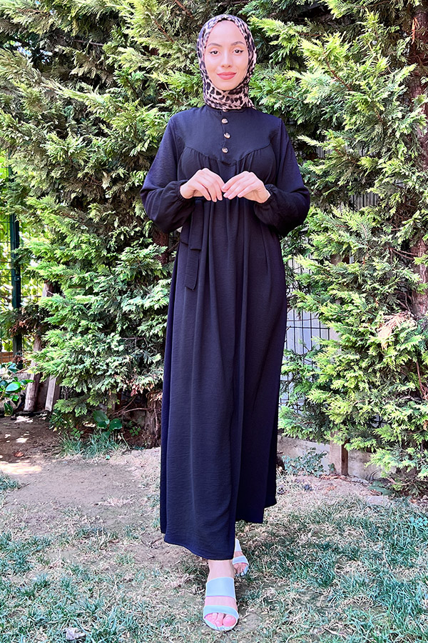 Yarım Düğmeli Elbise - Siyah