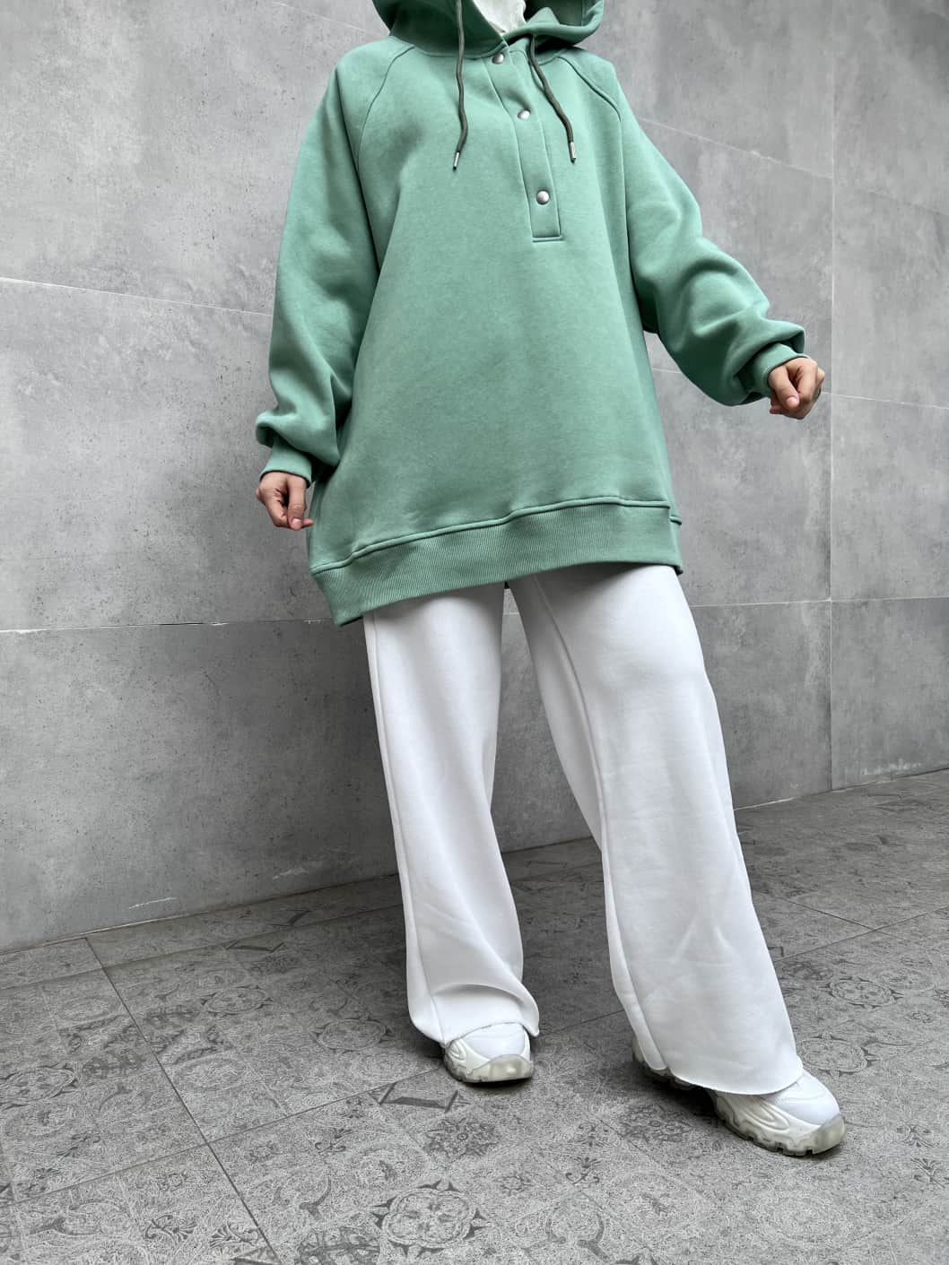 Yarım Düğmeli Kapüşonlu Sweatshirt - Yeşil