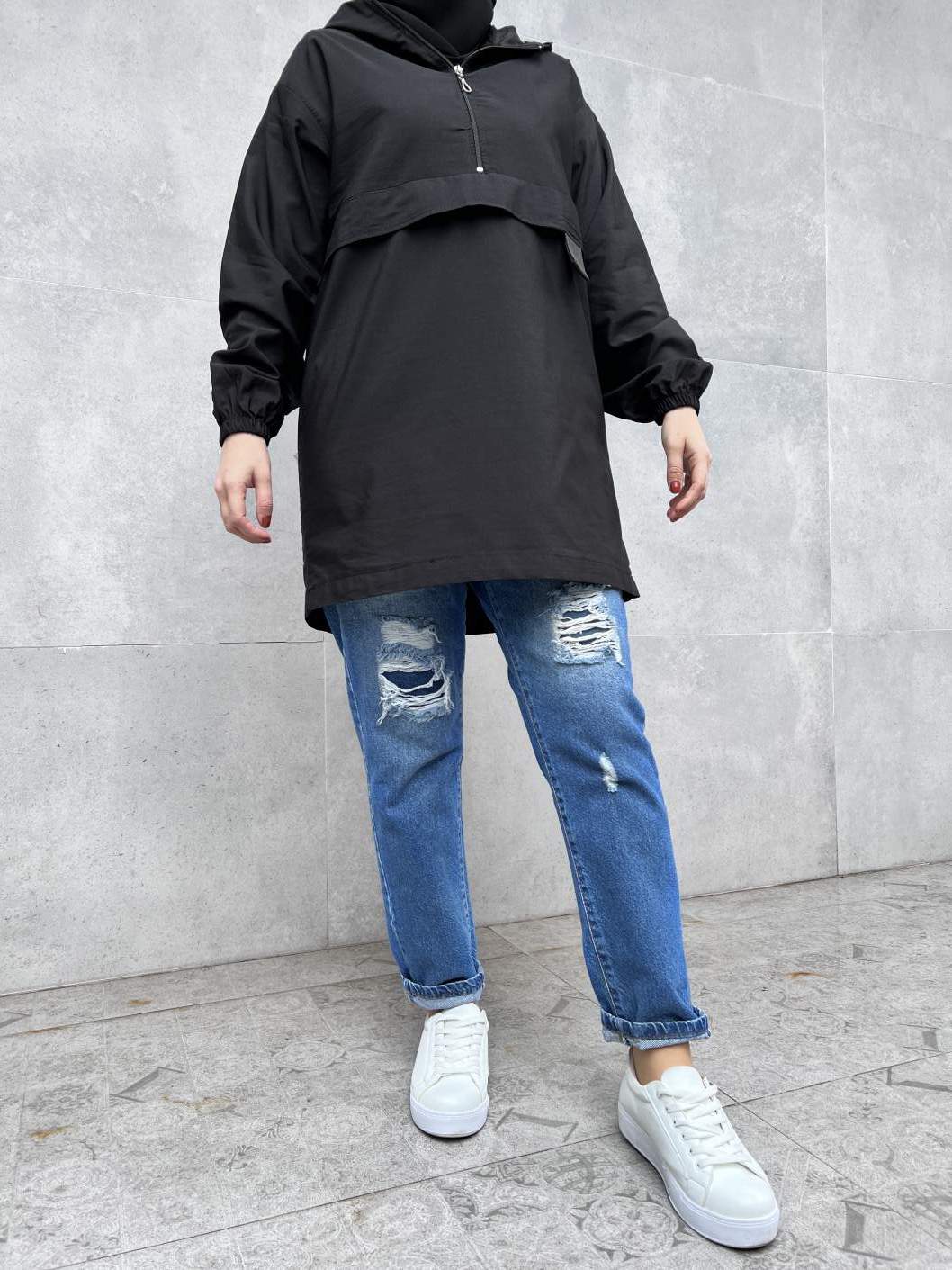 Yarım Fermuarlı Kapşonlu - Siyah