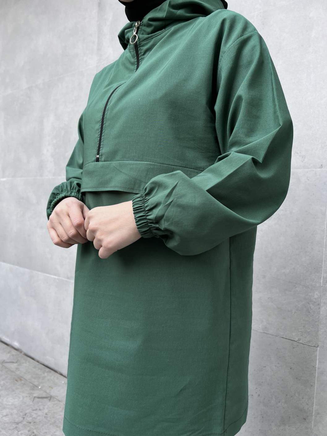 Yarım Fermuarlı Kapşonlu - Yeşil