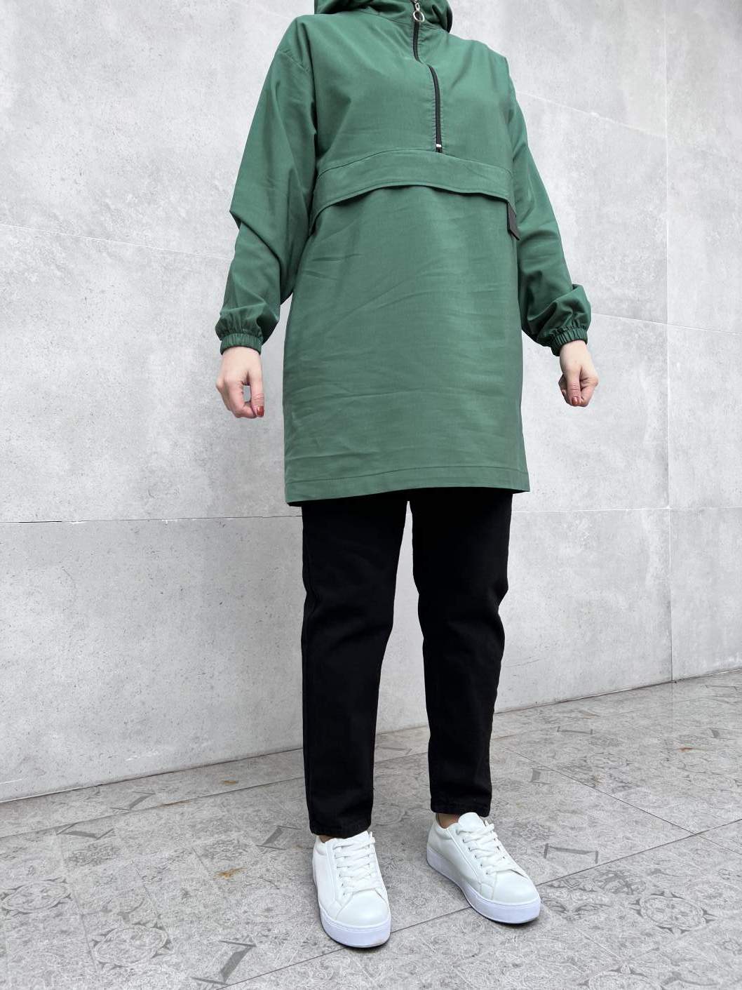 Yarım Fermuarlı Kapşonlu - Yeşil