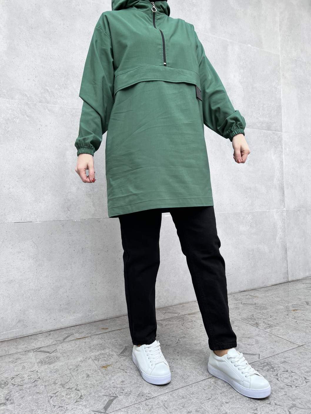 Yarım Fermuarlı Kapşonlu - Yeşil