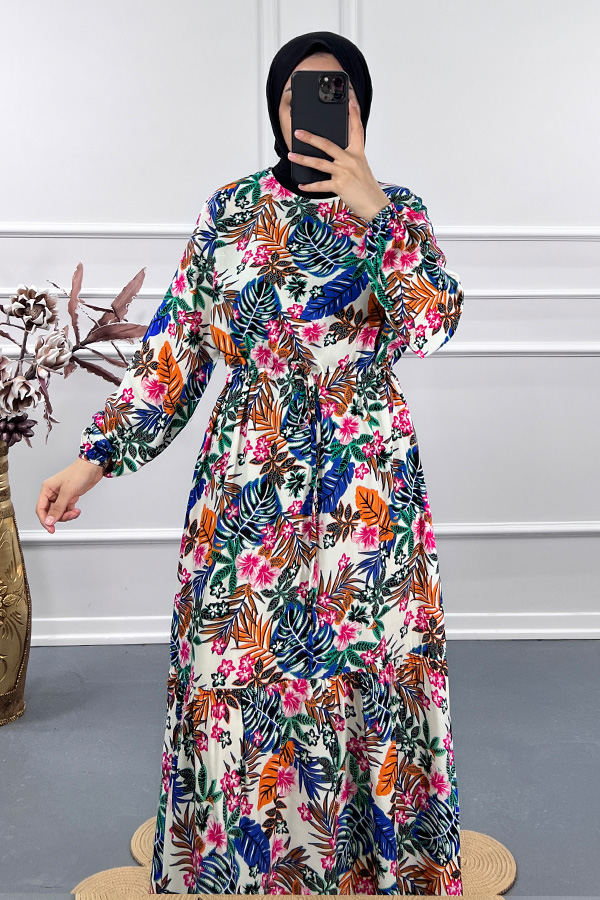 Yaz Desenli Elbise - Beyaz