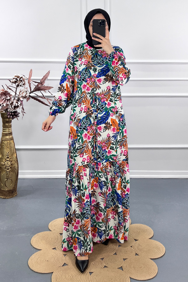 Yaz Desenli Elbise - Beyaz