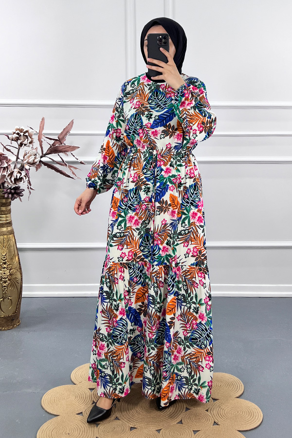 Yaz Desenli Elbise - Beyaz