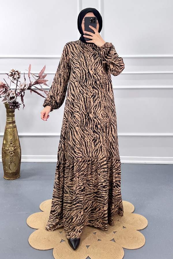 Zebra Desenli Tesettür Elbise - Kahverengi