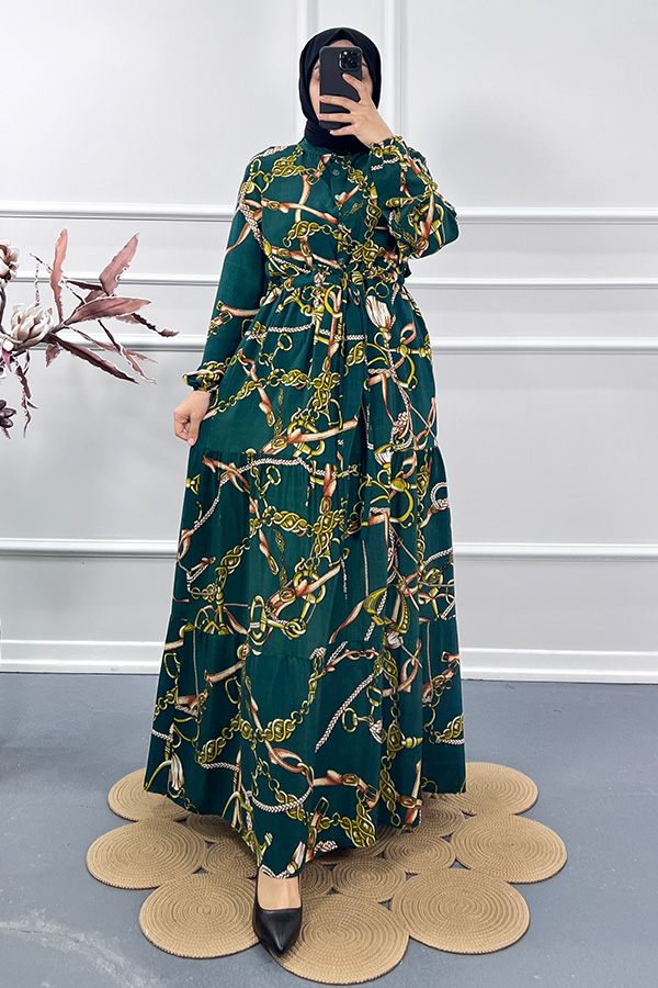 Zincir Desenli Elbise - Yeşil Zincir Desenli Elbise - Yeşil