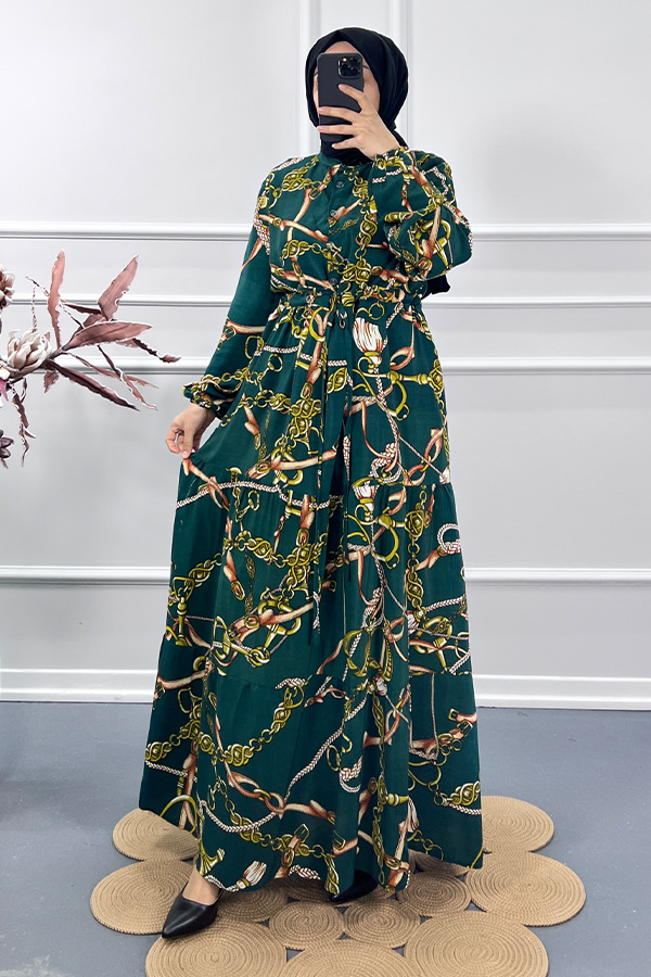 Zincir Desenli Elbise - Yeşil Zincir Desenli Elbise - Yeşil