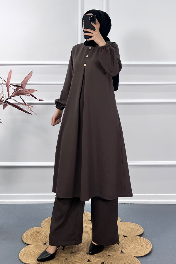 Uzun Tesettür İkili Takım - Kahverengi
