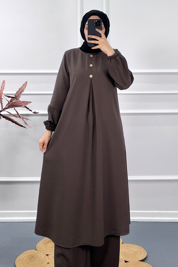 Uzun Tesettür İkili Takım - Kahverengi