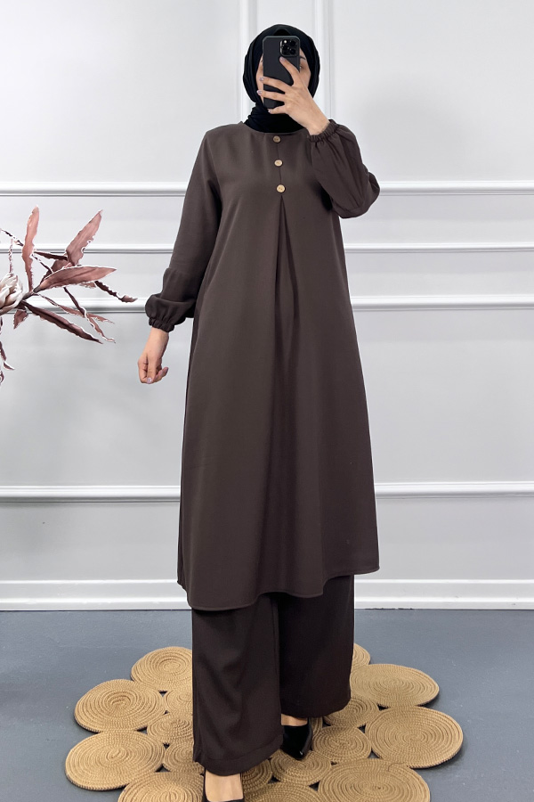 Uzun Tesettür İkili Takım - Kahverengi