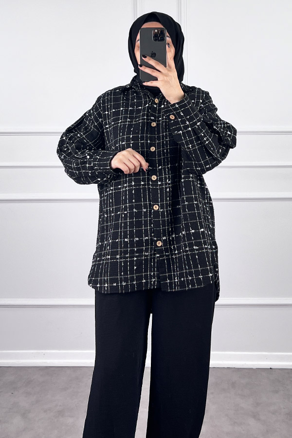 Arkası Uzun Tüvit Gömlek - Siyah Arkası Uzun Tüvit Gömlek - Siyah