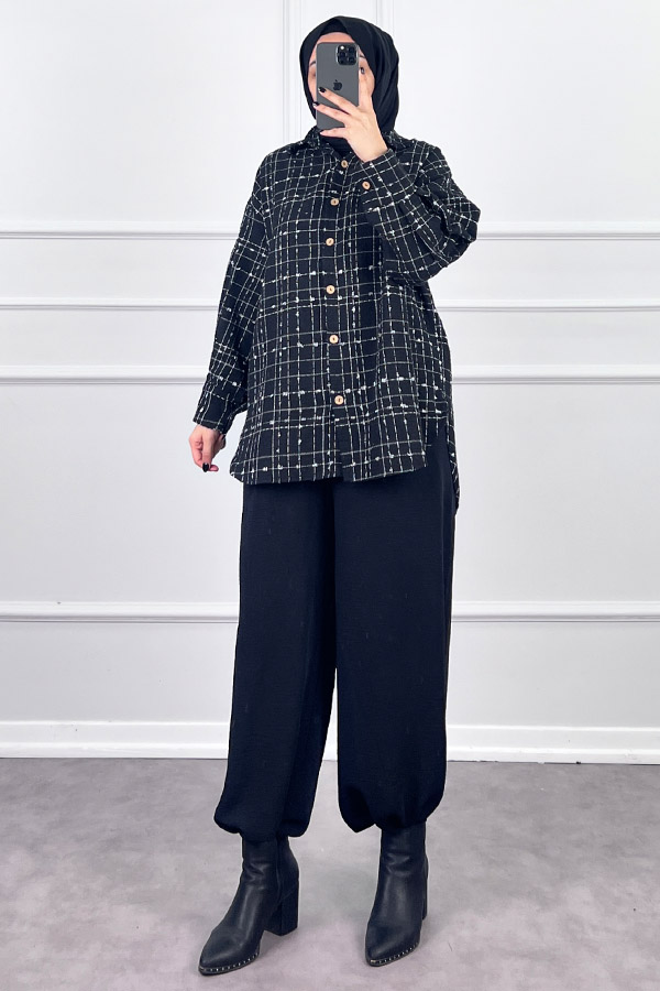 Arkası Uzun Tüvit Gömlek - Siyah Arkası Uzun Tüvit Gömlek - Siyah