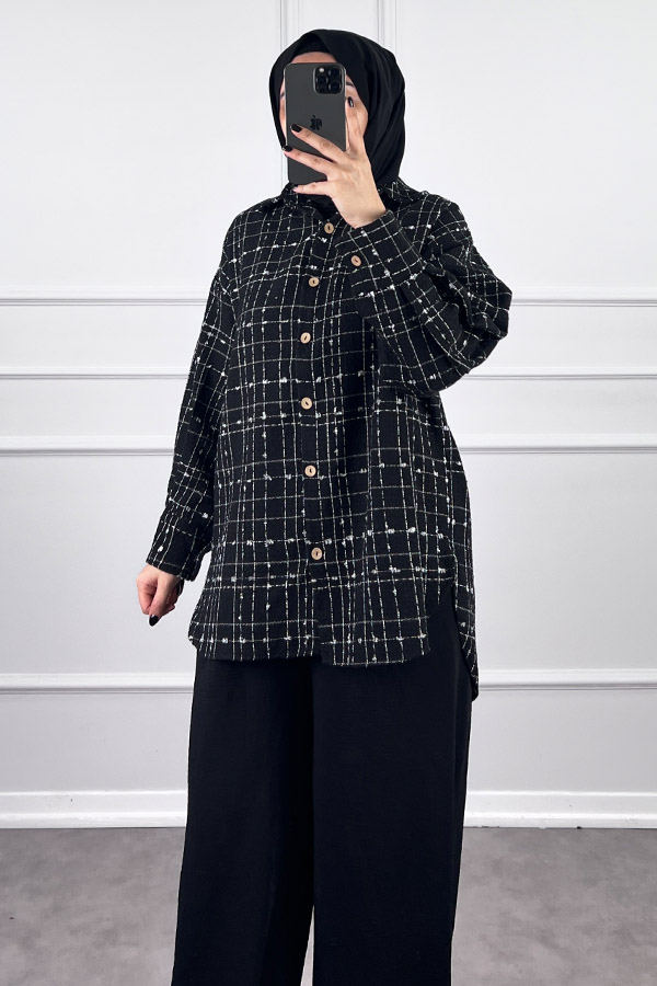 Arkası Uzun Tüvit Gömlek - Siyah Arkası Uzun Tüvit Gömlek - Siyah
