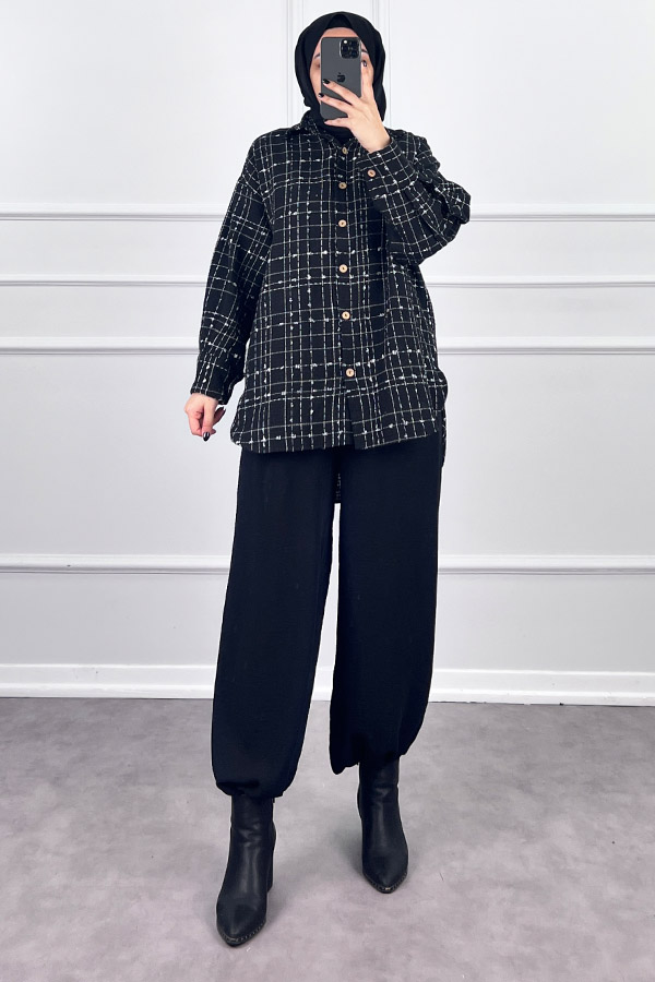 Arkası Uzun Tüvit Gömlek - Siyah Arkası Uzun Tüvit Gömlek - Siyah