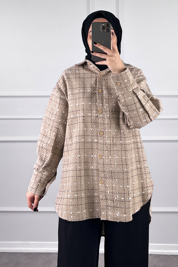 Arkası Uzun Tüvit Gömlek - Vizon Arkası Uzun Tüvit Gömlek - Vizon