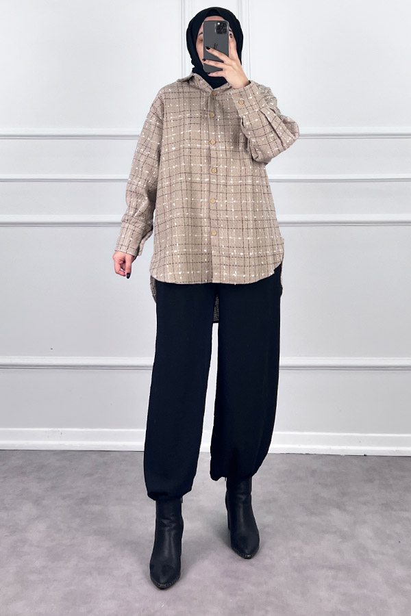 Arkası Uzun Tüvit Gömlek - Vizon Arkası Uzun Tüvit Gömlek - Vizon